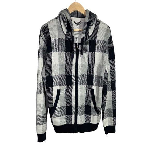 French Connection Wool Plaid Full Zip Hooded Sweater Size Large - Picture 1 of 10